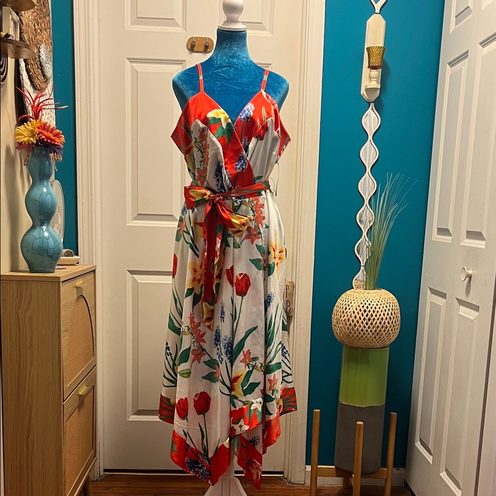 New York & Company Red Floral Asymmetrical Dress